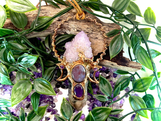 Celestial pendant featuring spirit quartz point and large Indian agate cabochon – handmade in copper with amethyst and moon accents.